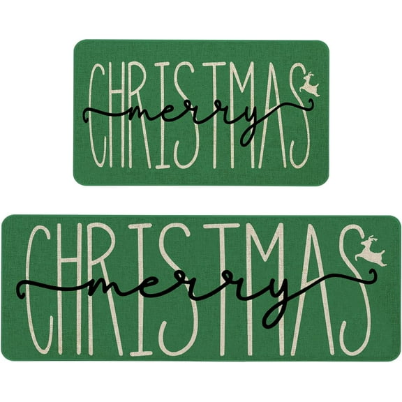 Christmas Kitchen Mat, Merry Christmas Green Kitchen Rugs Set of 2, Holiday Low-Profile Washable Non-Slip Floor Mats for Winter Christmas Kitchen Decor - 17x29 and 17x47 Inch