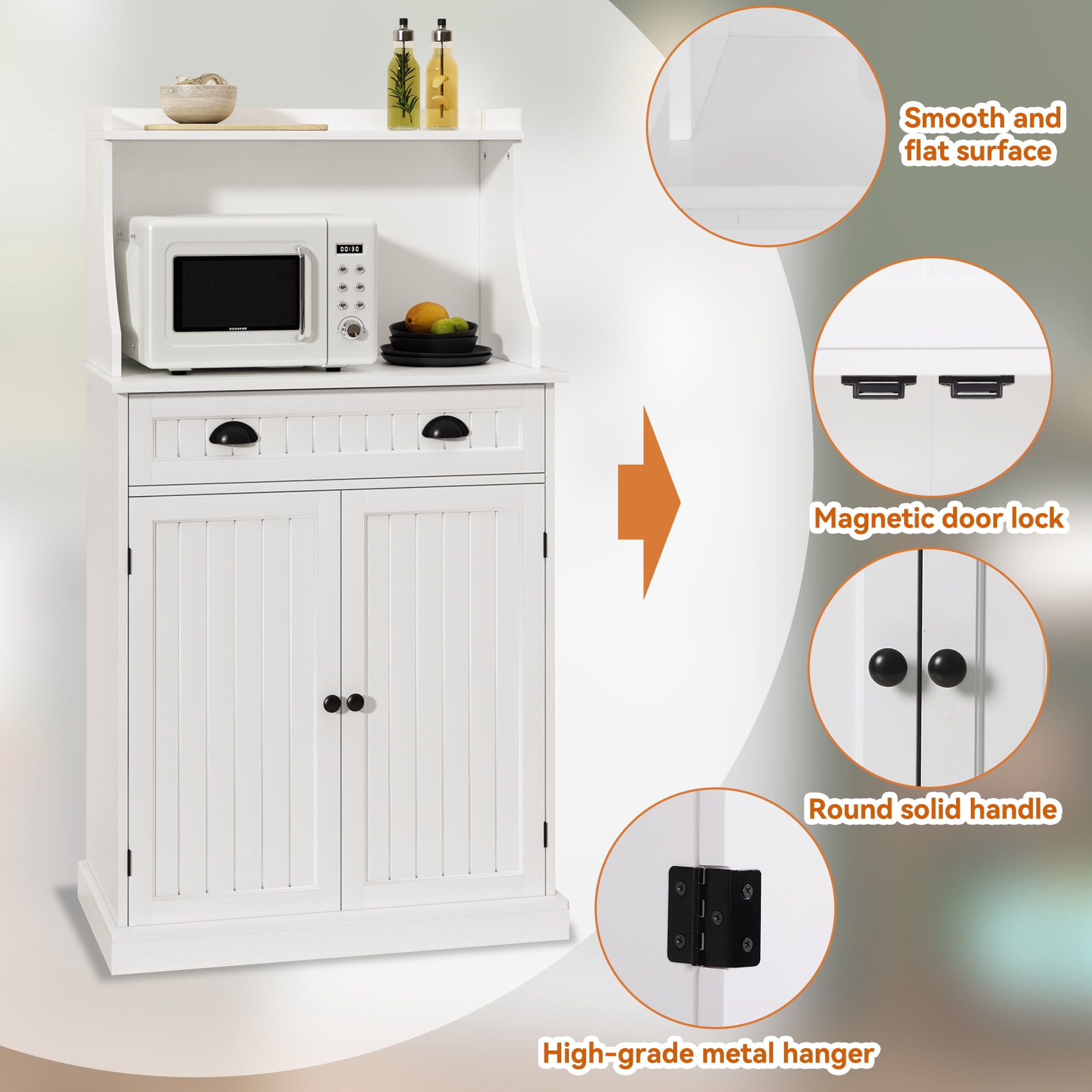 Kitchen Microwave Pantry Storage Cabinet with Drawers & Cabinets for Kitchen Organization, White