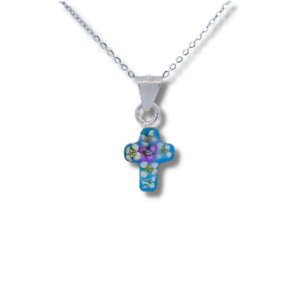 Dainty Cross Necklace w/ Pressed Flowers 18-inch