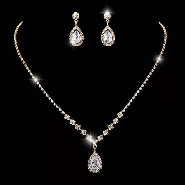 (Qr) Juego de pendientes y collar de cristal para novia, gargantilla de plata para novia, collares con colgante para mujeres y niñas JM