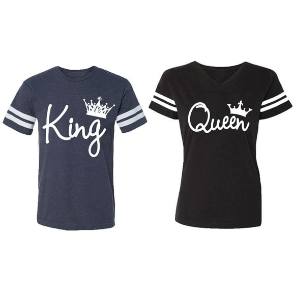 Fashion King Queen Matching Couple Cotton Jerseys (Men Navy / Women Black) (Men S / Women S)