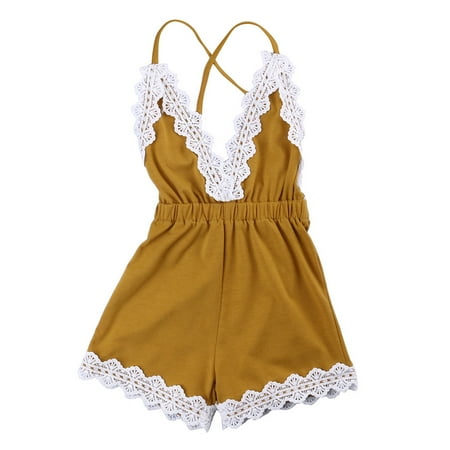 

Multitrust Girls open back lace sleeveless yellow jumpsuit one piece V-neck