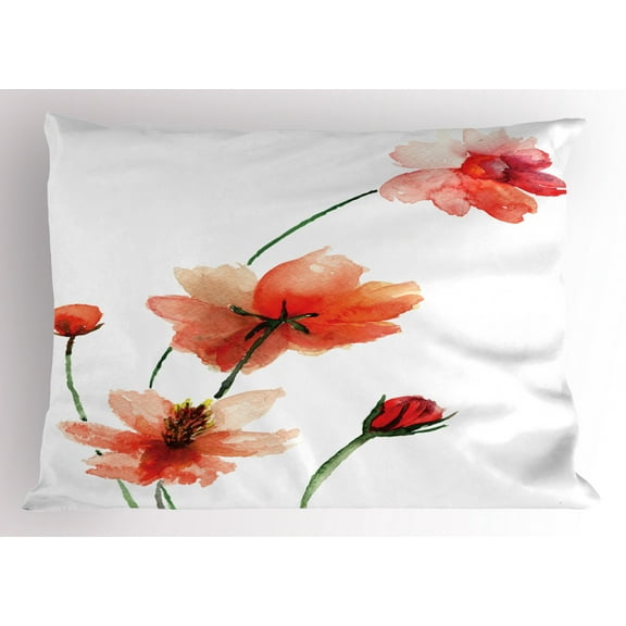 Ambesonne Watercolor Pillow Sham, Colorful Wildflowers, 36" X 20", Scarlet Dark Green