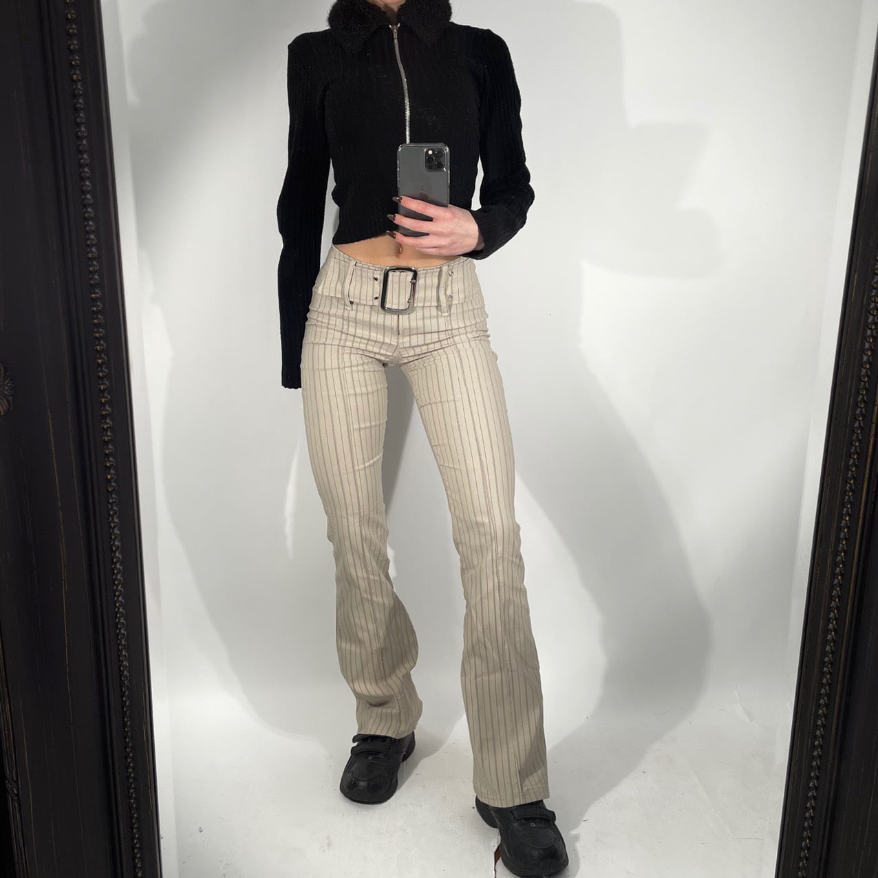 Women's Fashion Stripe Flared Pant Casual Pocket Slim Fit Mid Waist Long Pants 
