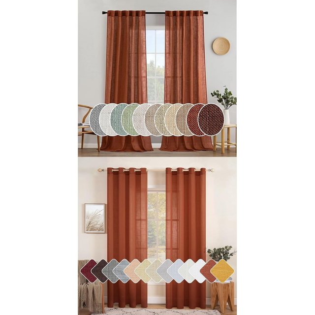 Burnt Orange Linen Curtains 84 Inches Length for Bedroom Living Room, Soft Linen Textured Window Drapes Terracotta Rust Fall Decor Semi Sheer Light Filtering, 4 Panels