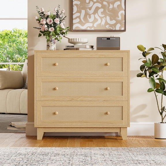 FANRAL Rattan Large Nightstand,27.6"H Wood Tall Night Stand,Wide Modern 3 Drawers,Boho Bedside Table Narrow Side Table for Bedroom Living Room,Natural Oak