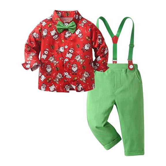 DHFJKG Boys Christmas Printed Dress Outfits For Toddlers Children Long Sleeve Santa Shirts With Bow Tie And Detachable Suspenders Pants Performance Formal Wear 2 Piece Lovely Sets