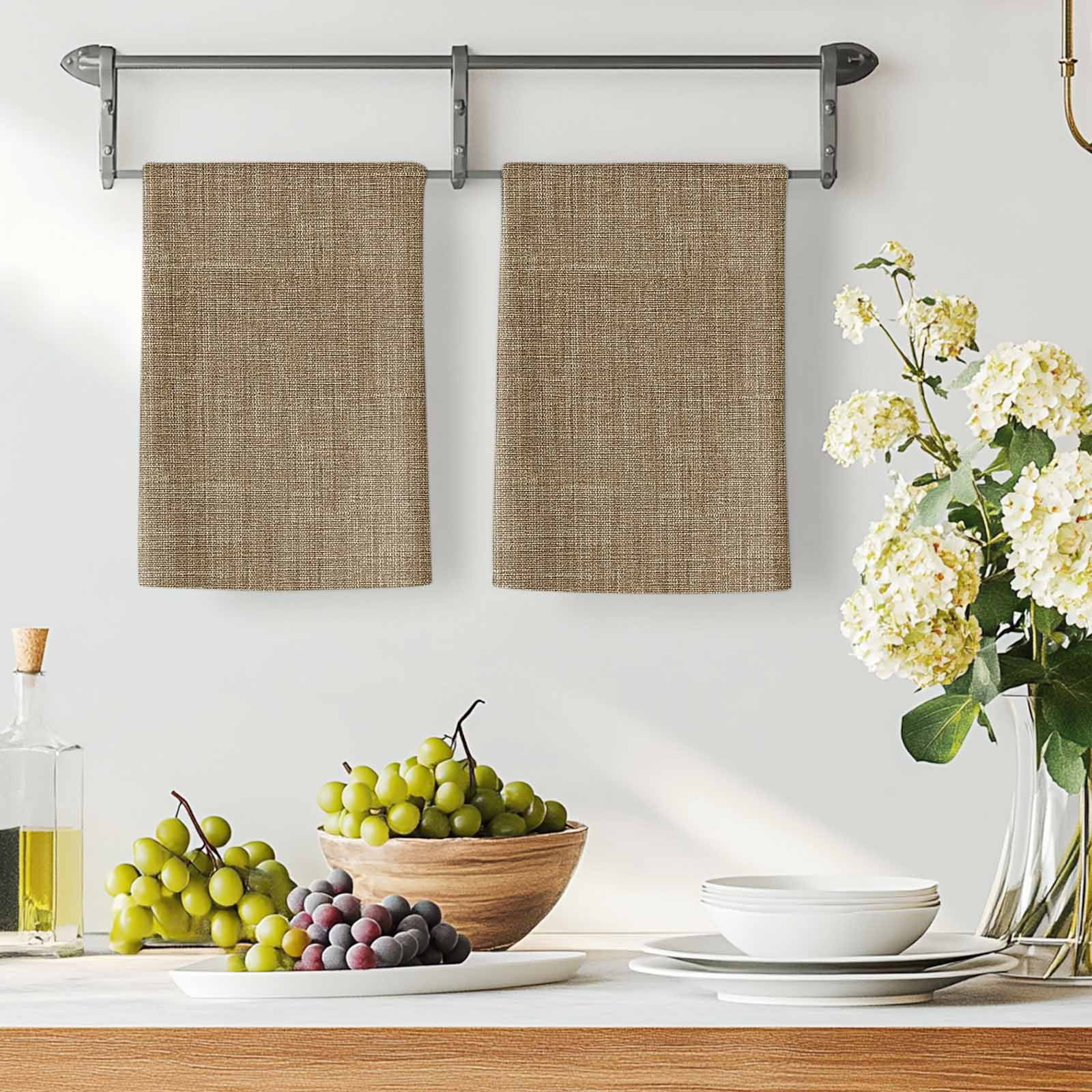 Brown Kitchen Towels Set of 4, Farmhouse Burlap Solid Beige Color Modern Linen Texture Soft Microfiber Dish Towels, Absorbent Washable Dishcloths for Kitchen Cleaning, Drying Dishes, 18x28 Inches
