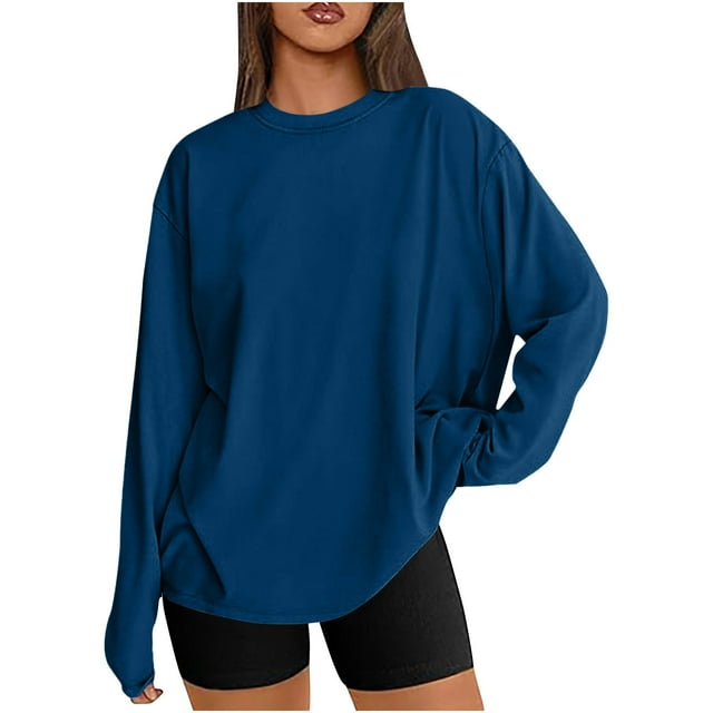 T-shirts Surdimensionnés pour Femmes Manches Longues Col Rond Chemise Décontractée Ample Tunique Couleur Unie Automne Basiques