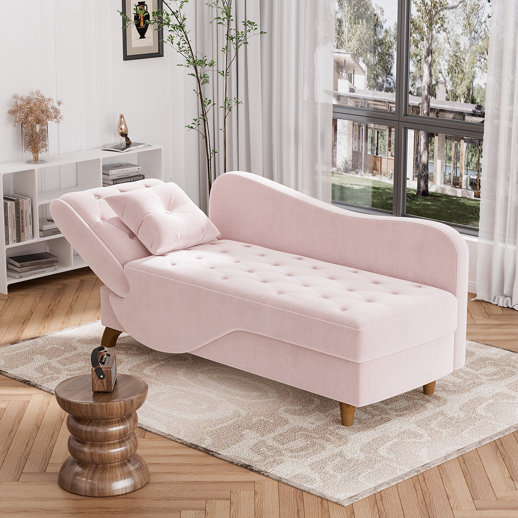 Wiilayok Chaise Lounge Indoor Furniture with Storage,Adjustable Sleeper Sofa Lounge Chair,Velvet Futon Couch Bed,Pink