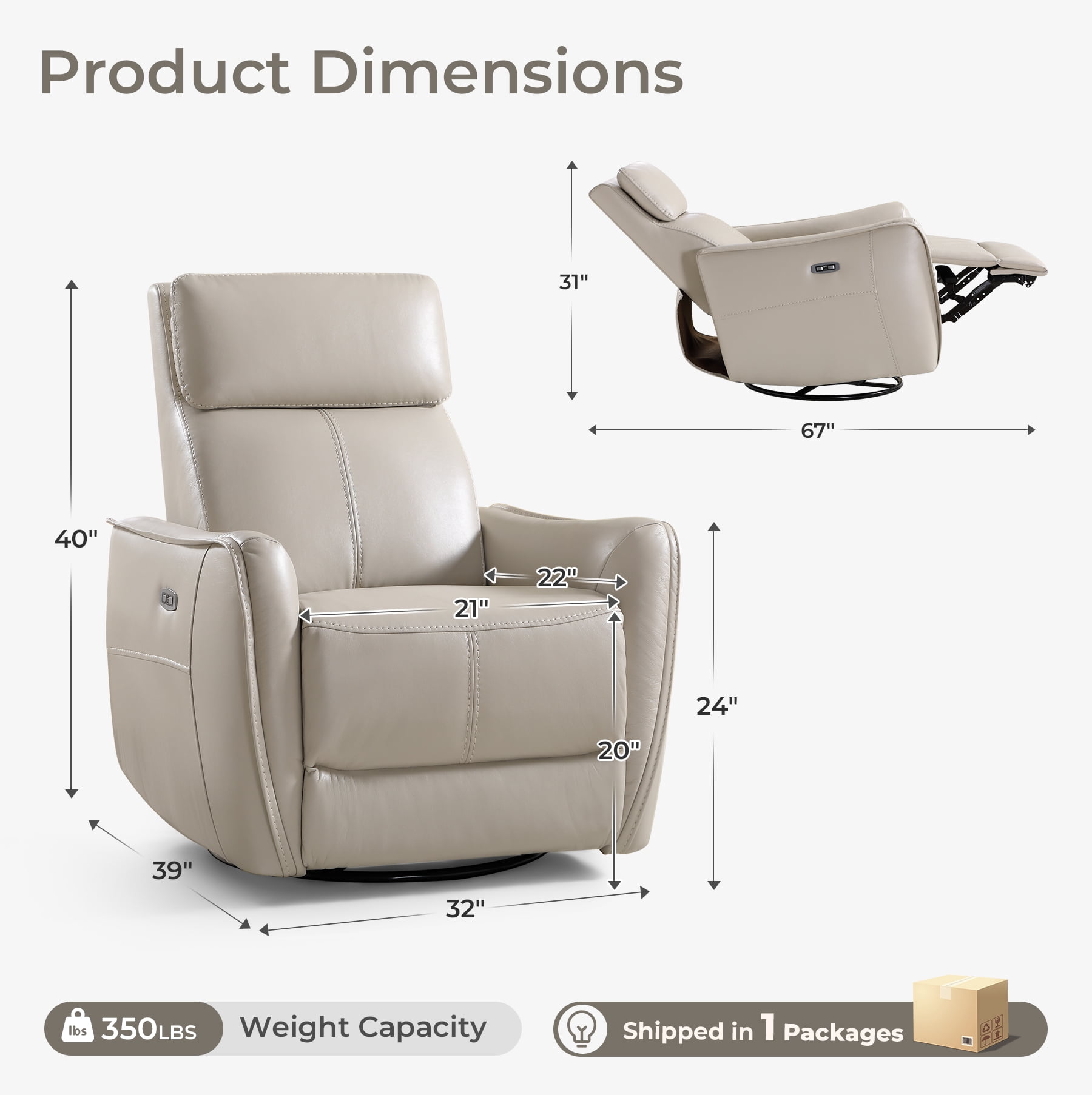 Ebello Power PU Leather Swivel Rocker Recliner, Electric Swivel Glider Chair with USB & Type-C Ports for Nursery, Living Room, Gray