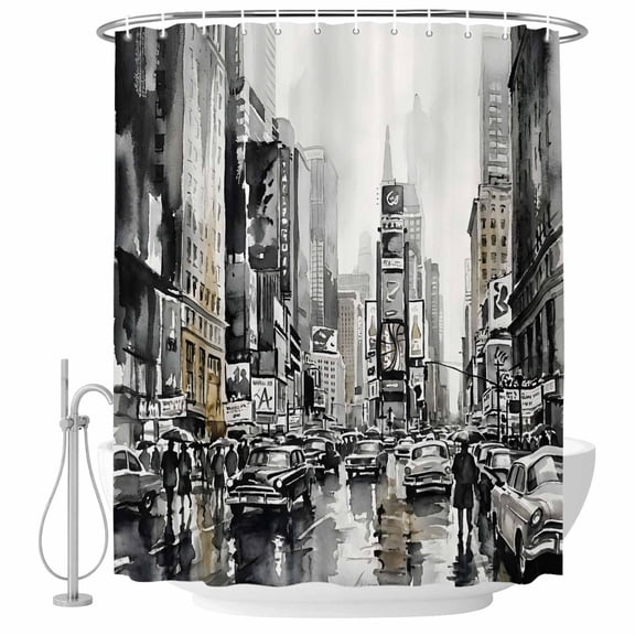 Modern Cityscape Shower Curtain Set - Long 72" x 84" Washable Bathtub Curtain with 12 Hooks, Black White Vintage Street City Waterproof Fabric Stall Shower Curtains for Bathroom/Bathtub Décor