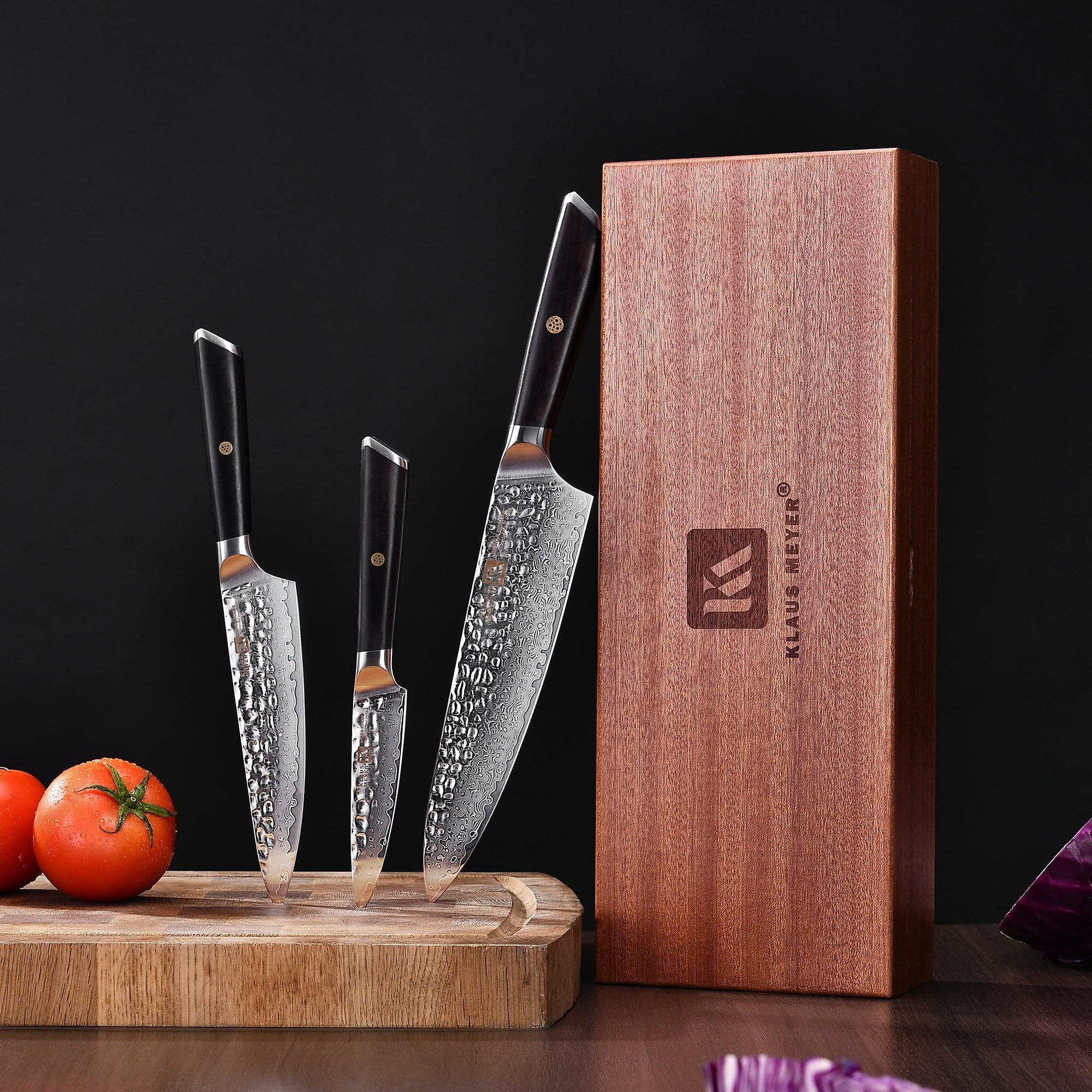 Klaus Meyer Spada Damascus Steel 3 Piece Non-Slip Handles Knife Set with Sapele Wood Box