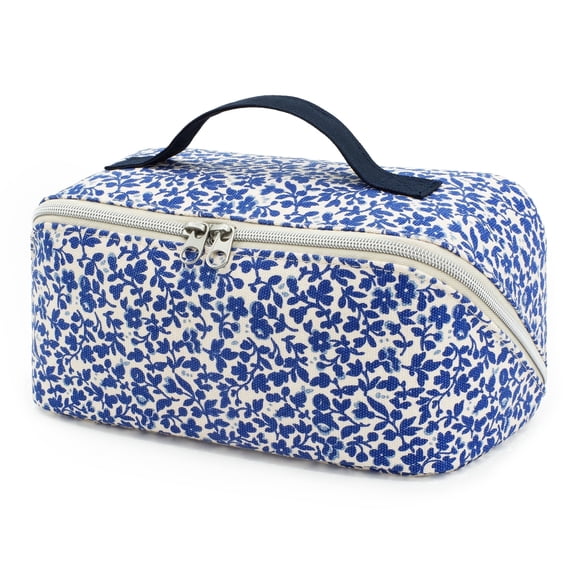 Makeup Bag Large Cosmetic Bag for Women, Travel Toiletry Organizer Bag, Blue White