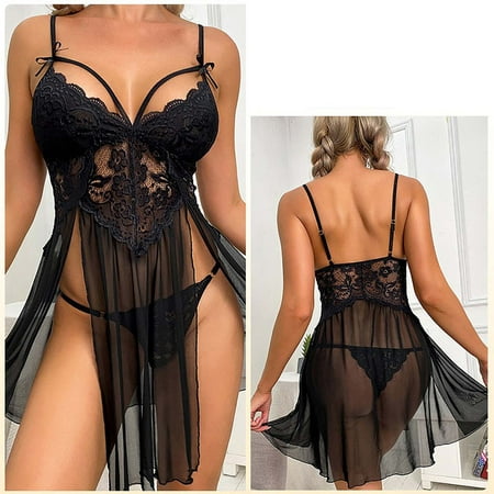 

Valentines Day Gifts! UHUYA Sexy Lingerie For Women Pajama Sets Women s Sexy Gauze Perspective Pajamas Lace Embroidery Suspender Nightdress Women s Home Clothes Black S