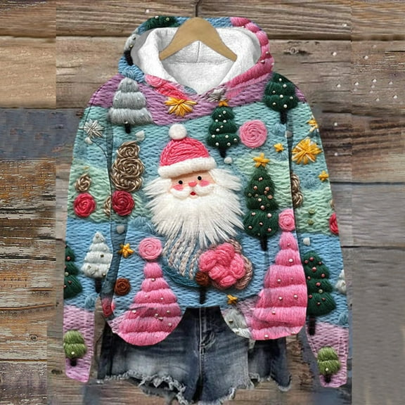 Herrnalise Womens fashion Casual Christmas Sweater Fabric Printed Hooded Pocket Long Sleeve Pullover Hoodies Blouse Sweatshirt Tops Christmas Gifts For Women