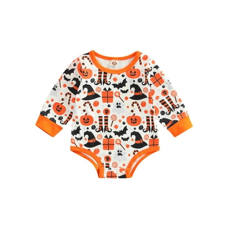 

Bagilaanoe Newborn Baby Girl Boy Halloween Rompers Pumpkin Print Long Sleeve Jumpsuit 3M 6M 9M 12M 18M Infant Ribbed Casual One Piece Bodysuit