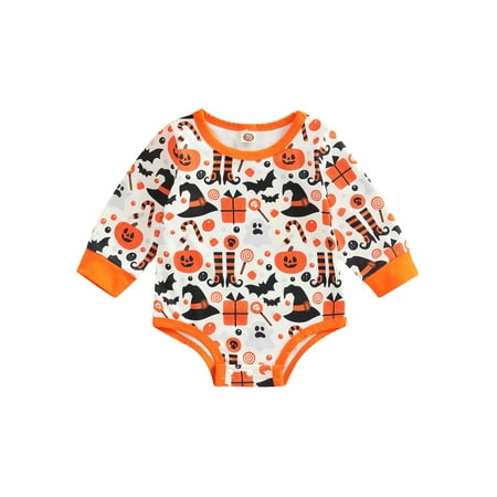 

jaweiwi Halloween Baby Romper for Boys Girls Long Sleeve Round Neck Pumpkin Pattern Holiday Themed Ribbed One-Piece Jumpsuit 3-18M