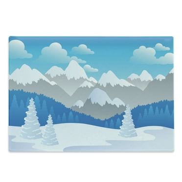 Snowy Trees Cutting Board, Cartoon Style Composition of a Forest Landscape with Snow-Capped Mountains, Decorative Tempered Glass Cutting and Serving Board, in 3 Sizes, by Ambesonne