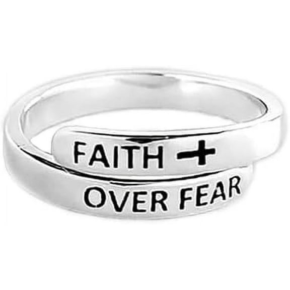 Faith Over Fear Sterling Silver Ring for Women Men Inspirational Ring Cross Wrap Finger Band Open Statement Ring Layered Stacking Ring Adjustable