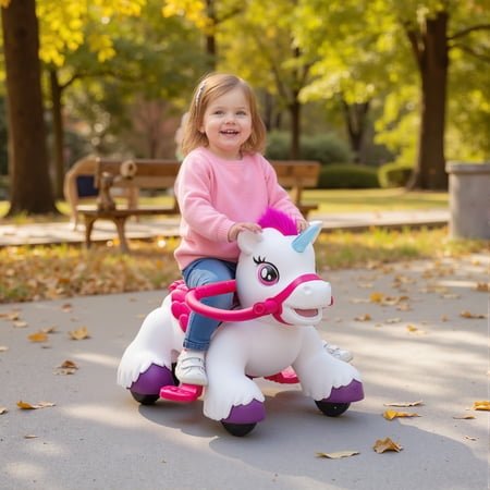 Qaba 12V Ride on Horse, Battery Powered Ride on Unicorn Toy with Carrot Toy, Comb, Animal Sounds, for Girls Boys Aged 1.5-3 Years Old
