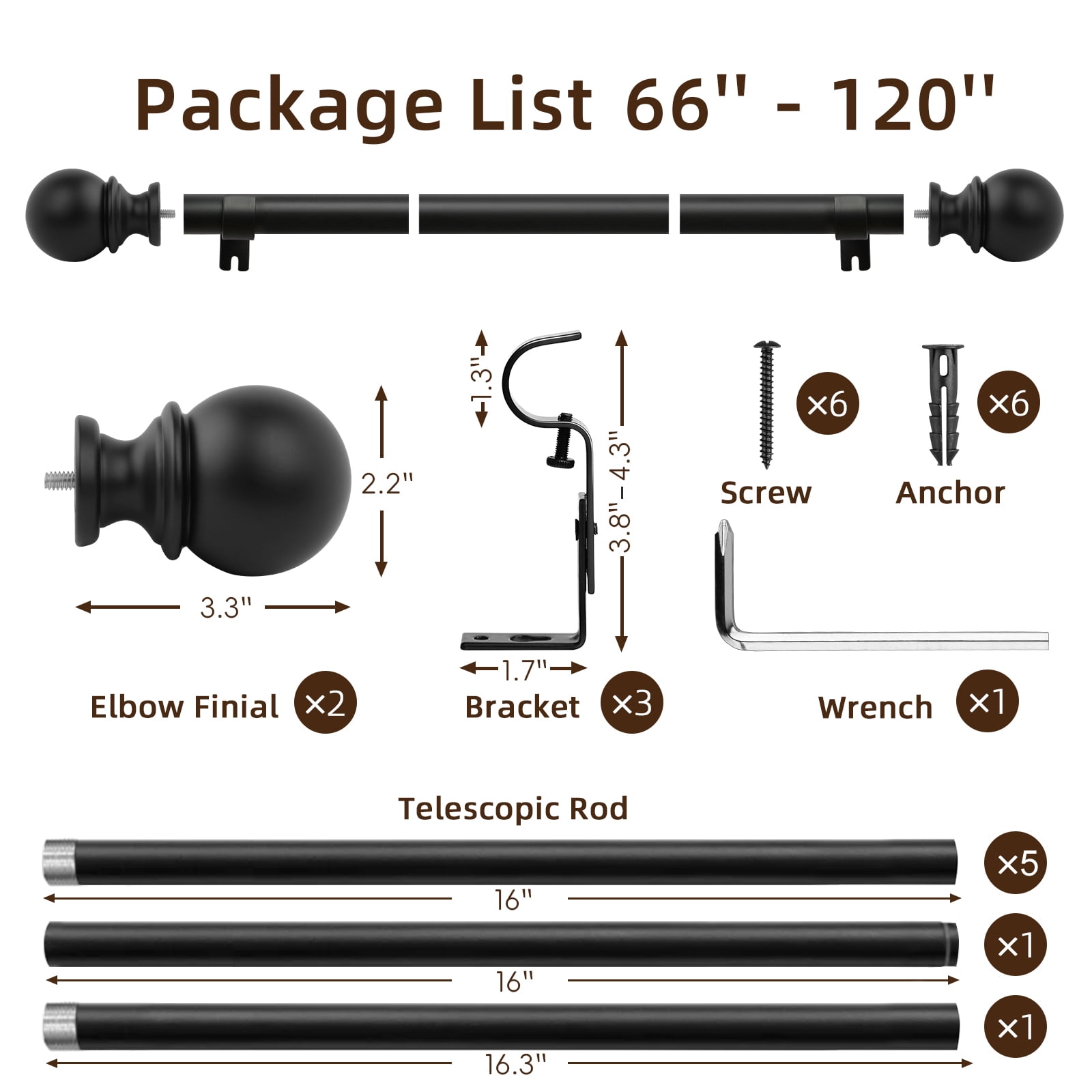 1" Adjustable Curtain Rod, 32"-120" Heavy Duty Black Curtain Rod with Classic Ball Finials,Ceiling Mounted Indoor/Outdoor Curtain Rods