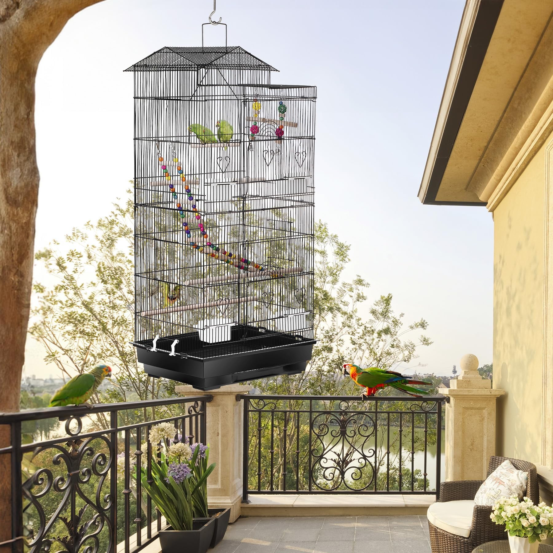 39" H Metal Bird Cage for Small Birds – Sturdy Parakeet Cage with Slide-Out Tray, Portable Travel Cage for Cockatiels, Conures, Budgies, Indoor/Outdoor
