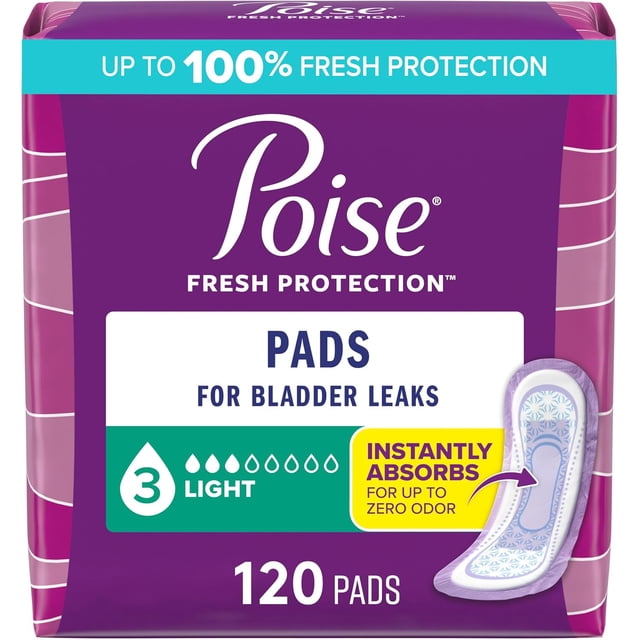 Poise Incontinence Pads & Postpartum Incontinence Pads, 3 Drop Light Absorbency, Regular Length, 120 Count (4 Packs of 30), Packaging May Vary- (Regular)