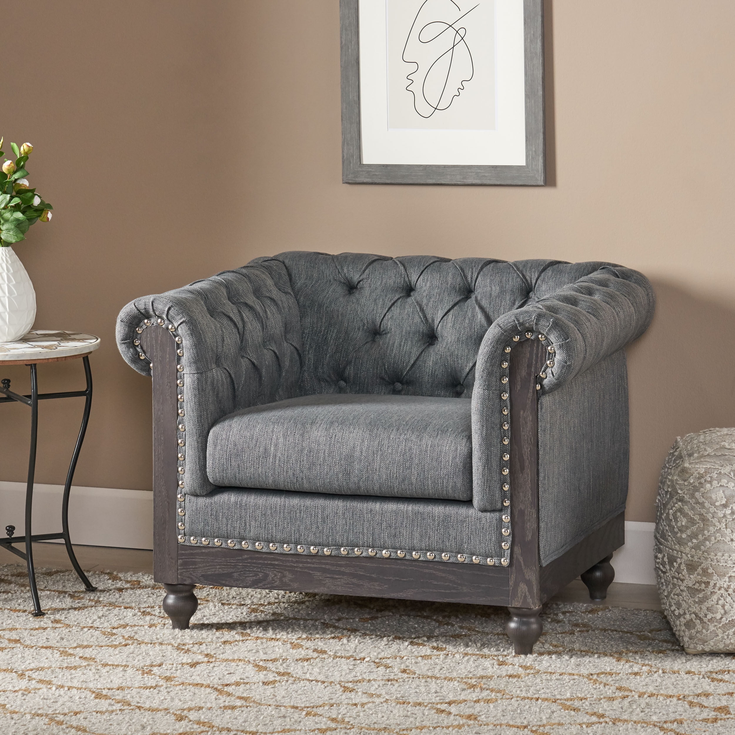 Noble House Glencoe Chesterfield Chair, Charcoal and Dark Brown