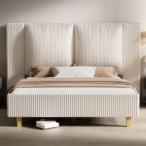 HOMSHADE Queen Size Bed Frame with 51" Tall Headboard, Upholstered Corduroy Platform Bed, Easy Assembly, No Box Spring Needed, Beige