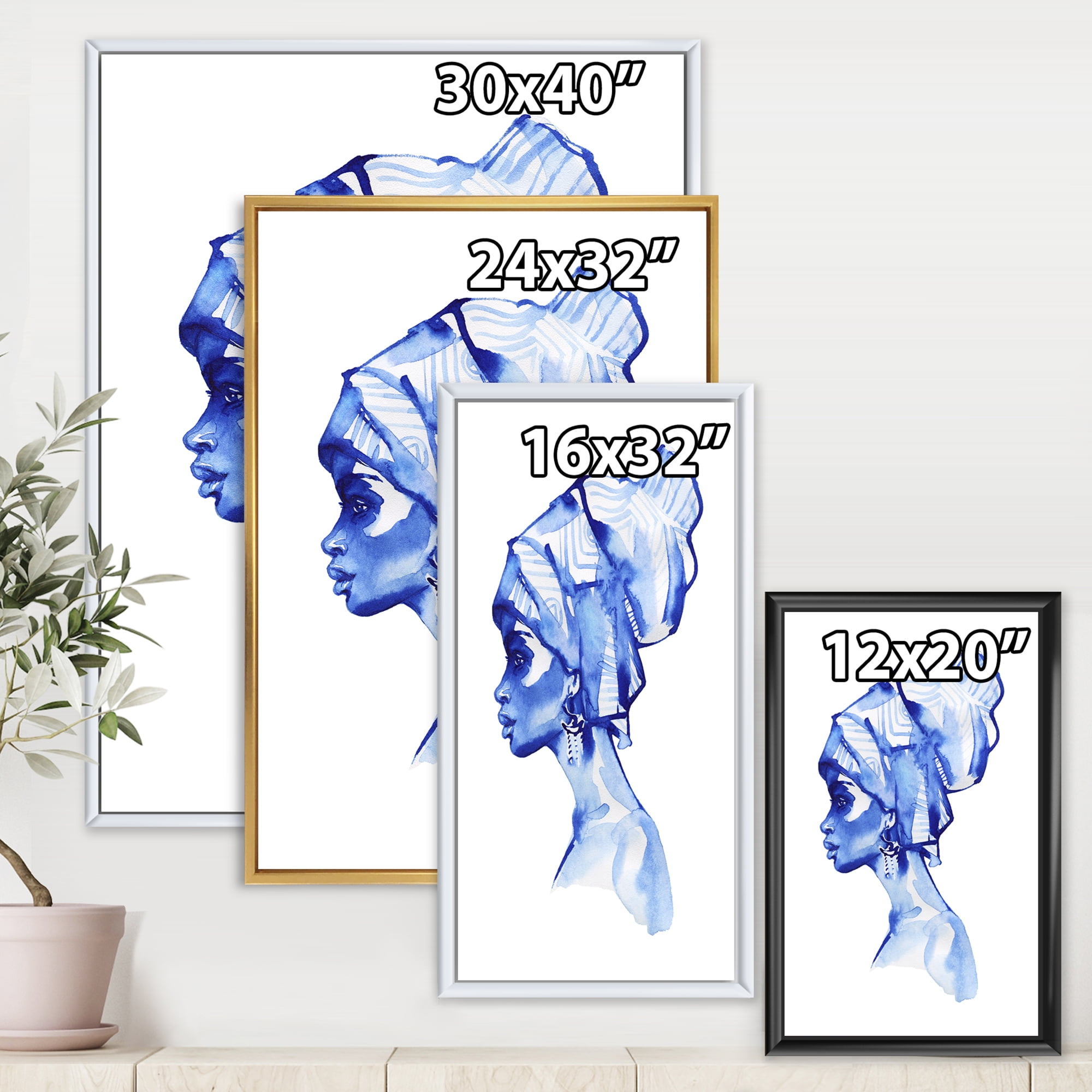 Designart 'Afro American Woman Blue Fashion Portrait' Modern Framed Canvas Wall Art Print