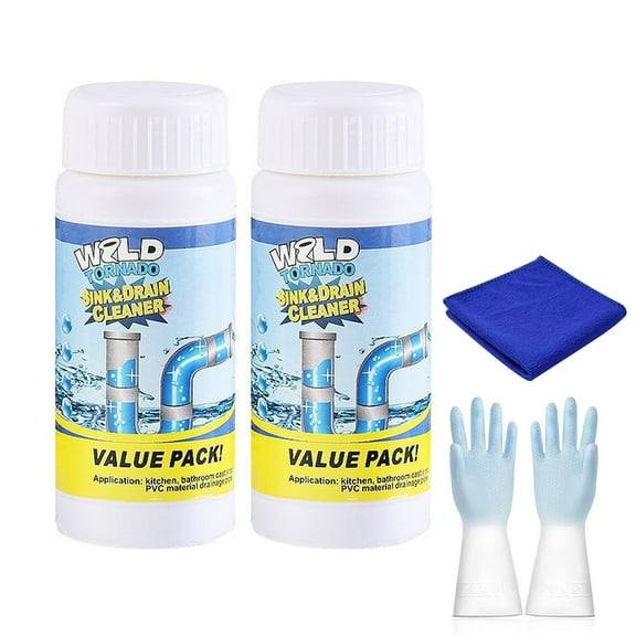Drain Clog Remover Powder Sink Drain Cleaner for Hair and Grease, 2-Packs Heavy-Duty Powerful Kitchen Sink and Shower Unclogger, Pipe-Safe(with glove and towel)