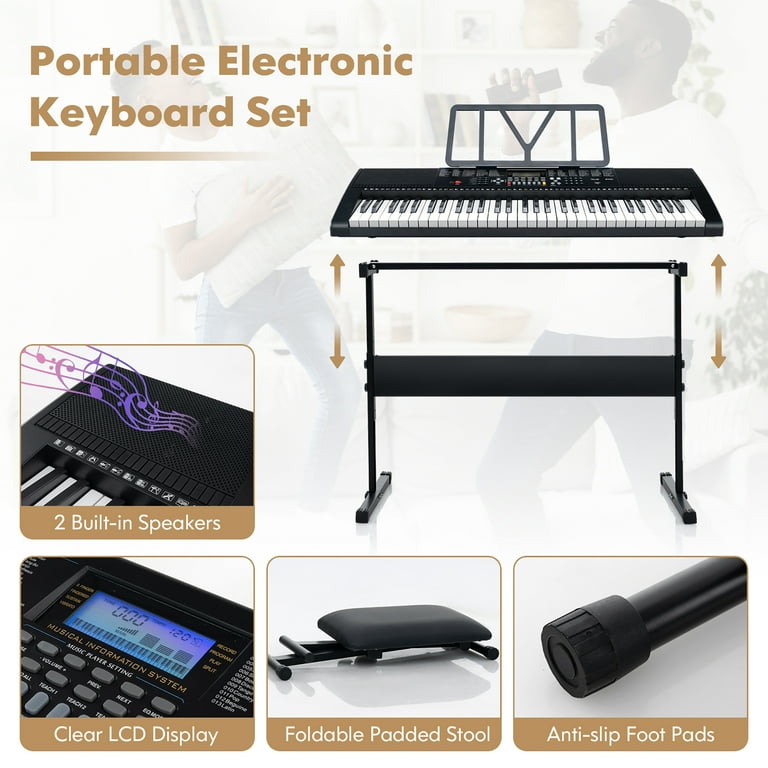 Gymax 61-Key Electric Keyboard Piano w/Lighted Keys, Stand, Bench