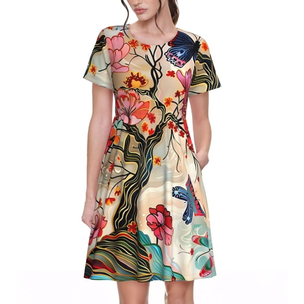 Balery Butterflies And Flowers Painting Vestidos sueltos de manga corta para mujer, vestidos de verano 2025, vestidos casuales de corte A con vuelo.
