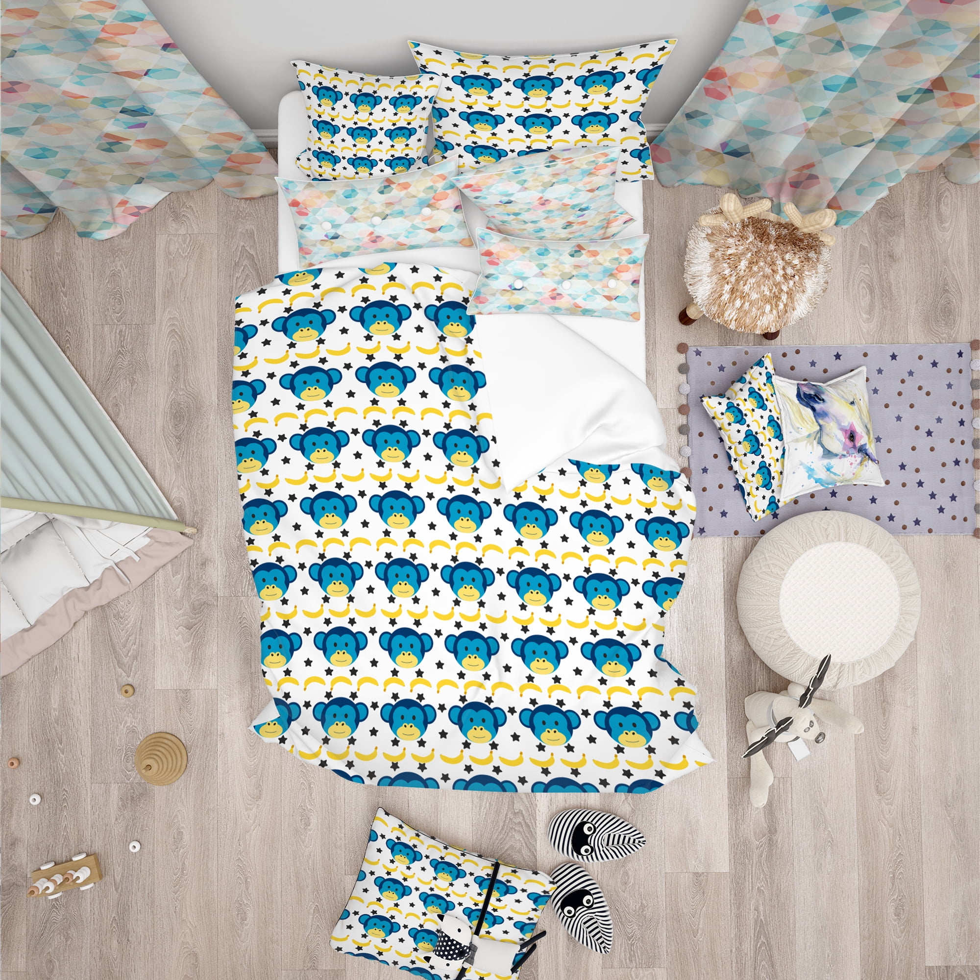 Designart 'Doodle Monkey Pattern' Tropical kids Duvet Cover Set