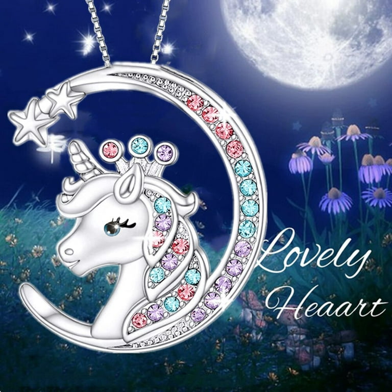 QWZNDZGR Korean Fashion Moon Shaped Colorful Unicorn Pendant Necklace for  Women Colorful Zircon Unicorn Jewelry Gem Necklace shakira 