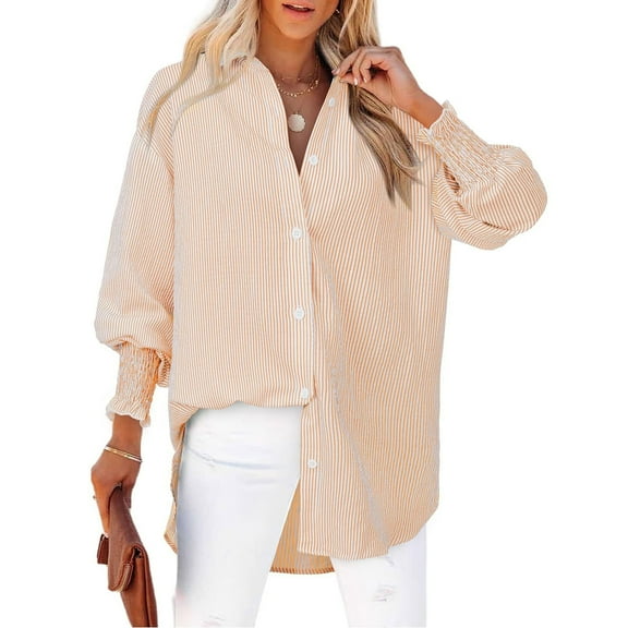 Women's Ruffle Cuff Striped Boyfriend Shirt Casual Collar Long Sleeve Oversized Button Shirt Top