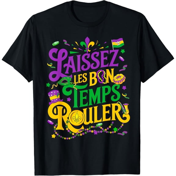 Laissez Les Bon Temps Rouler Mardi Gras Beads Fleur De Lis T-Shirt Tee