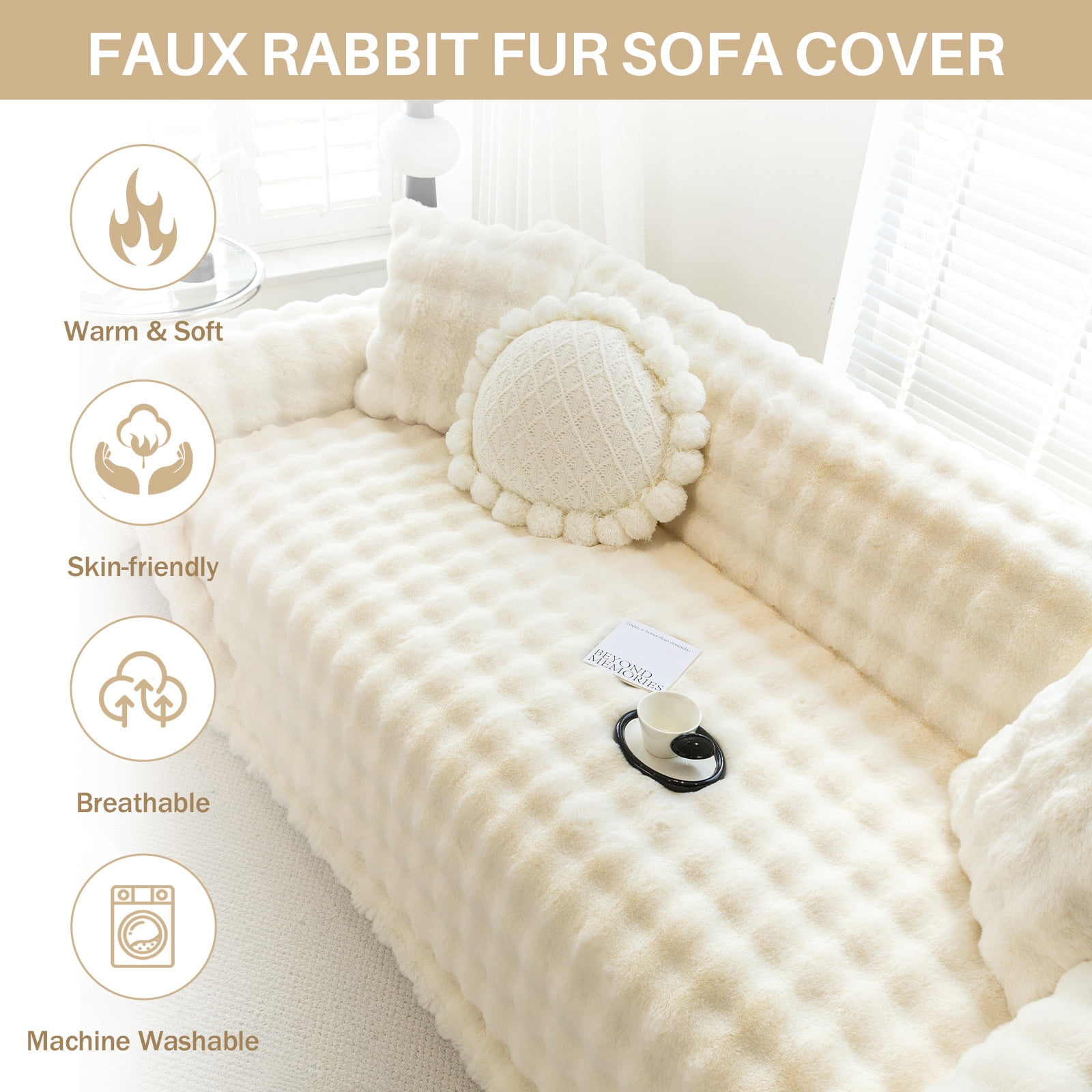 WOOW DEPOT Warm Faux Rabbit Fur Sofa Cover Machine Washable, Thick Throw Blanket L Shape Slipcover for 3 Cushion Couch, Beige Cream 71"x134"