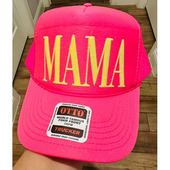 Mama Neon Pink Hat Yellow Puff Trucker Hat