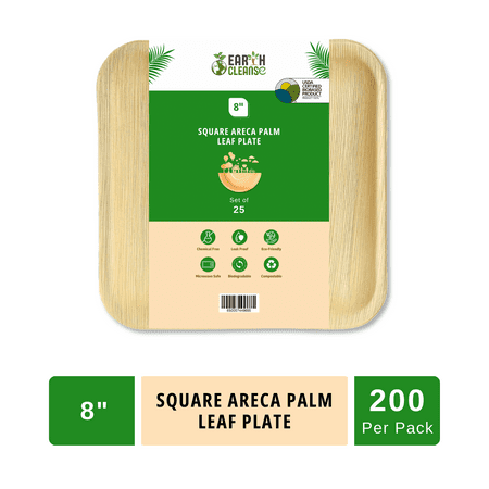 Earth Cleanse 8" Square Areca Palm Leaf Plate ,200 Pack