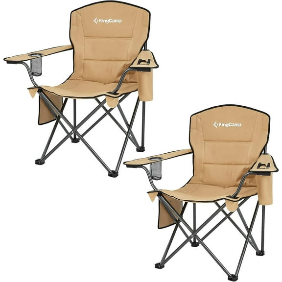 KingCamp Padded Chair with Cupholder, Cooler, and Pocket, Khaki (2 Pack)