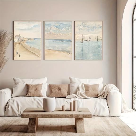 Set of 3 Minimalist Beach Coast Wall Art Prints - Unframed Summer Landscape Poster, Modern Neutral Beach House Sailboat Painting on Canvas for Living Room, Bedroom, Home Office Decor, Unframed
