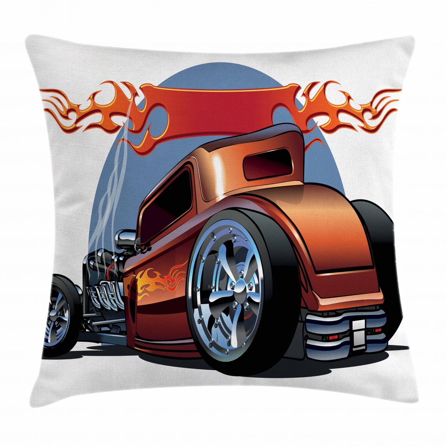 Cars Throw Pillow Cushion Cover, Cartoon Hot Rod Antique Customized Classical American Engine