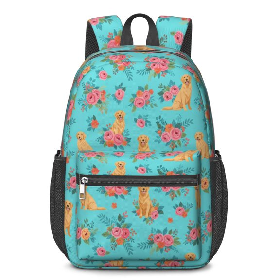 Golden Retriever and Rose Blue 17" School Backpacks for Teens,Waterproof Oxford Fabric,S-Shape Padded Straps for School,Travel,Hiking,Camping