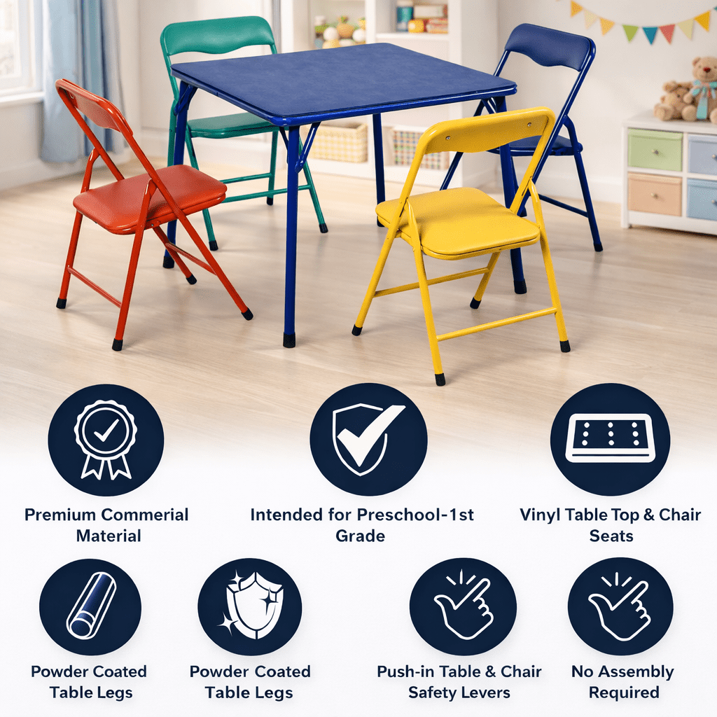 FurnitureR 5-Piece Kids Folding Table and Chair Set, Colorful Metal Activity Play Table with 4 Seats, No Assembly Required, Vinyl Padded for Playroom, Daycare, School
