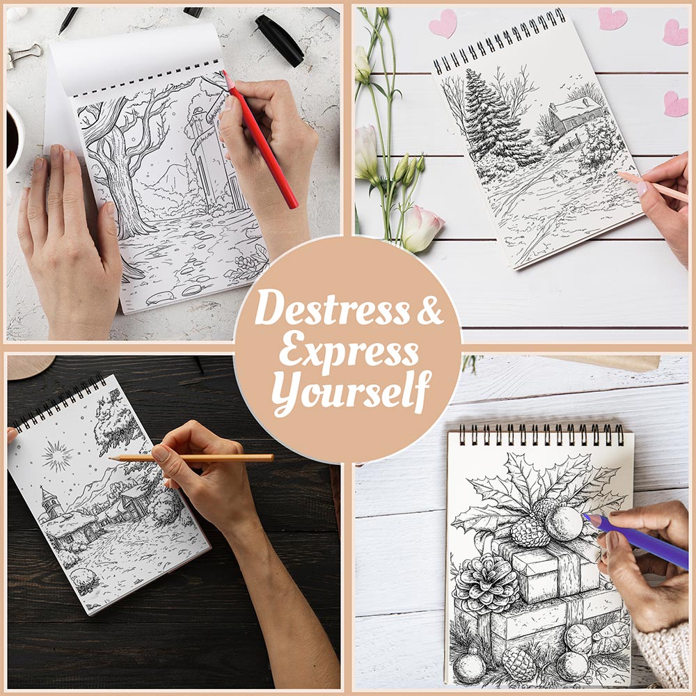 Netecom Christmas Adult Coloring Book Spiral Bound for Adults, A5 Wooden Cover, 30 Beautiful Coloring Pages of Warm Winter Homes for Stress Relief and Relaxation