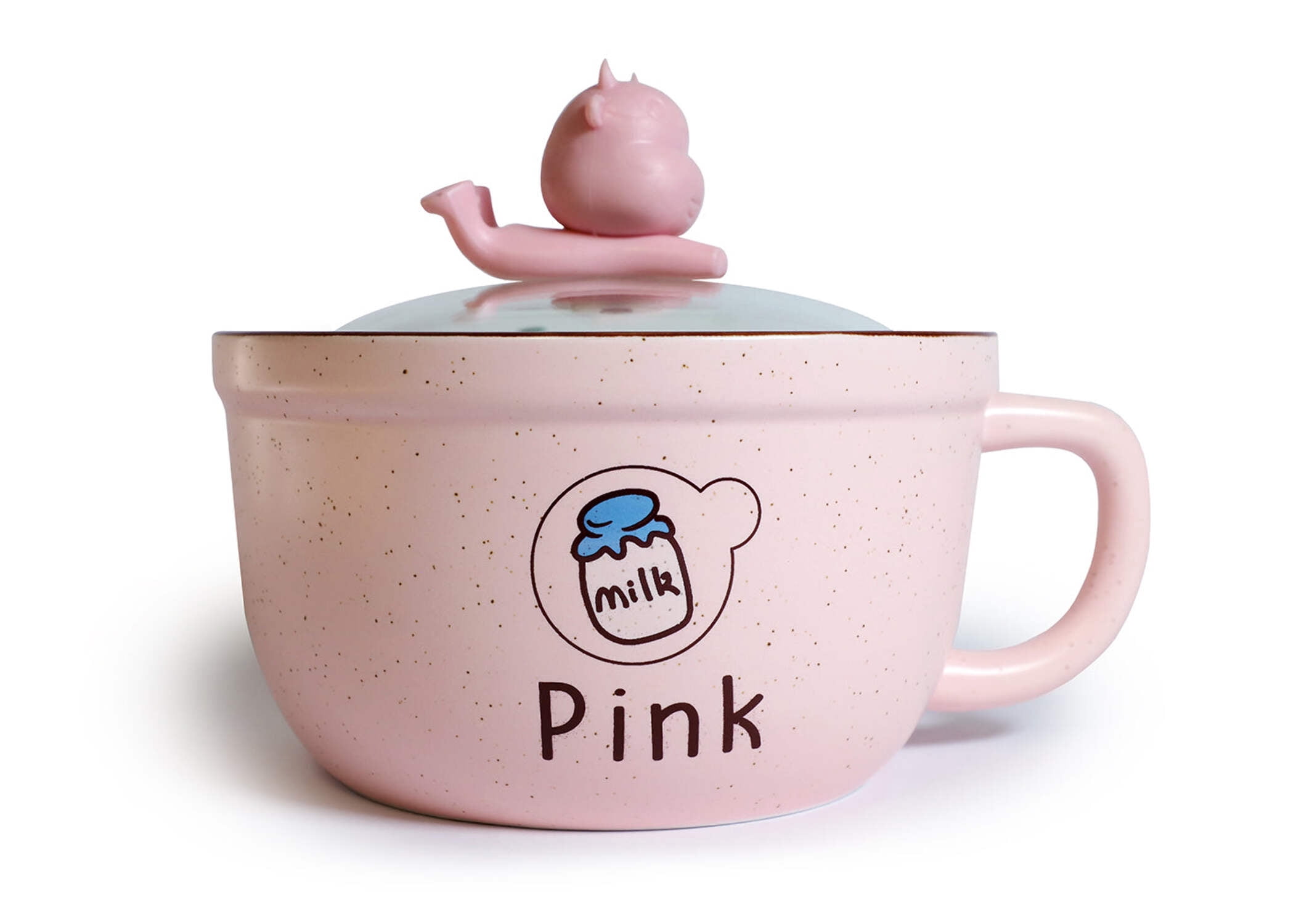 Microwavable Ceramic Noodle Bowl with Handle and Glass Lid Cute Cartoon