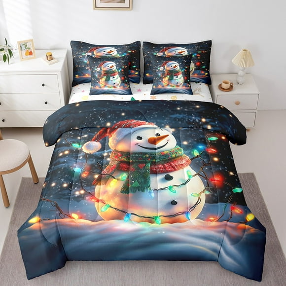 YST Christmas Snowman Bed In A Bag With Sheets For Kids Boys Girls,Winter Xmas Bedding Set Holiday Snowflake King Comforter Set 7 Piece Christmas Ornaments Sheet Set With Comforter