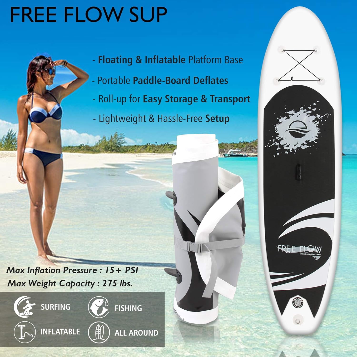 SereneLife Free Flow Paddleboard SUP - Stand Up Water Paddle-Board (10 Ft.)